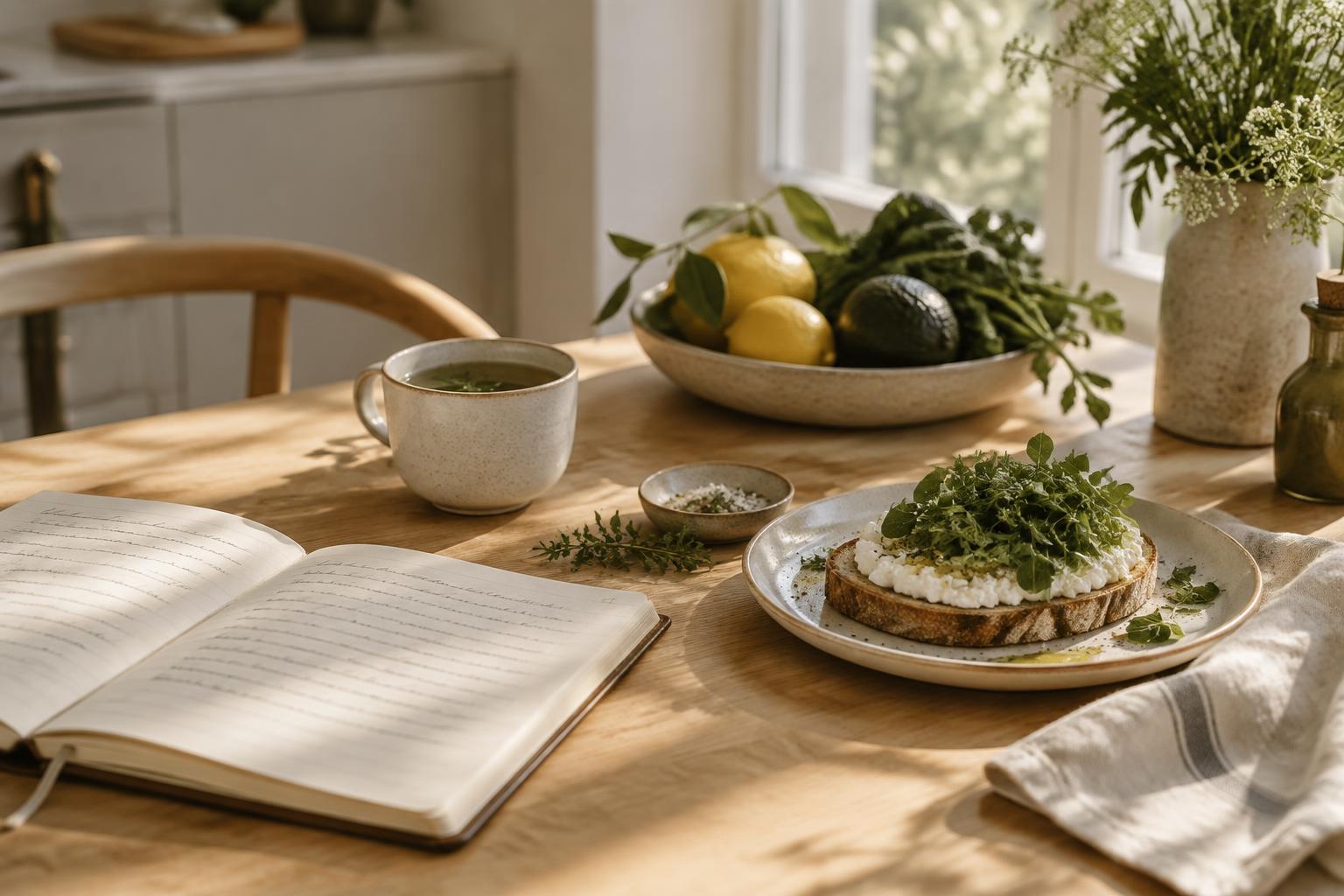 Mesa com alimento fresco, chá e caderno de anotações